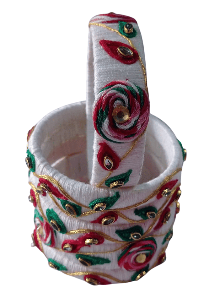 White and Red Silk Thread Bangle Set with Stone and Pearl Embellishment view 2