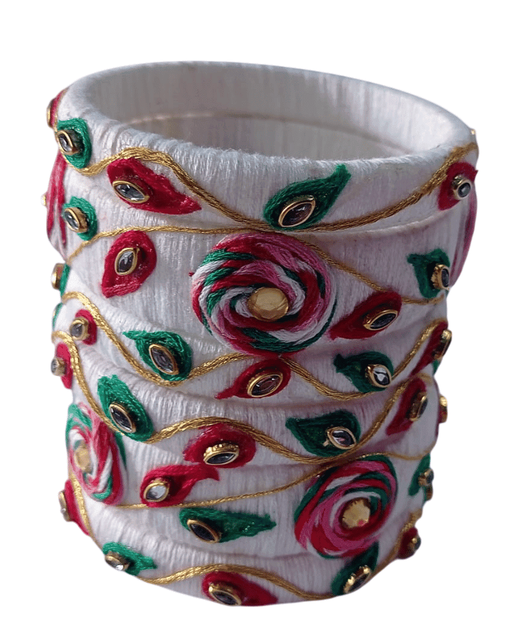 White and Red Silk Thread Bangle Set with Stone and Pearl Embellishment view 3