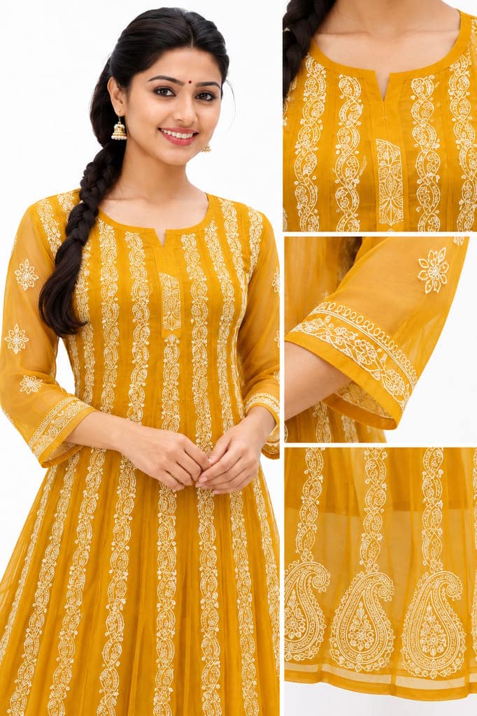 Mrs Right Women’s Lucknowi Chikankari Anarkali Kurta in Soft Georgette | Handcrafted Floral Embroidery | 3/4 Sleeves | 45 Inch Length | 74 Inch Flare | Festive Ethnic Wear view 2