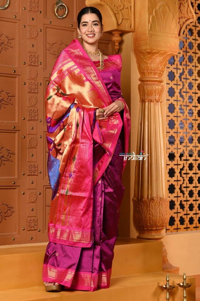 Shubh Chandrakor ~ Handloom Pure Silk Paithani Saree with Traditional Peacock Pallu ~ Royal Mauve view 4