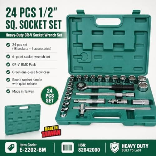 Eastman Sockets Set Of 24 Pcs, (12.7) 1/2 Inch Sq Drive, Bmc Pack, Chrome Vanadium Steel Wrench Set 6Pt (Below Set) Metal Tool Box Socket Spanners (E-2202-624-BM) view 3