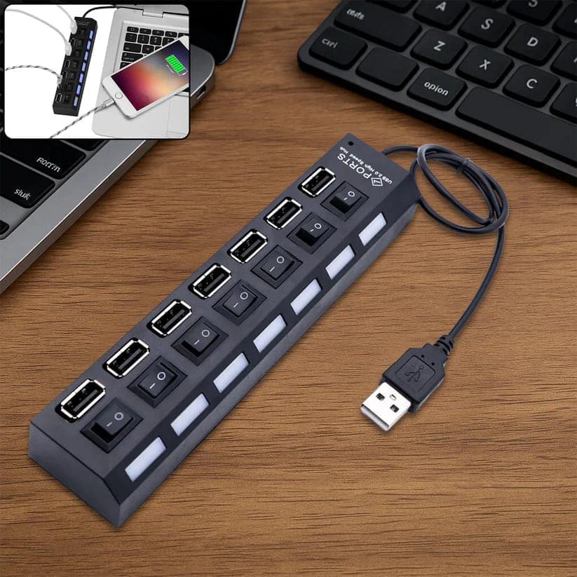 USB Splitter Multi Port USB 2.0 Hub, 7 Port with Independent On/Off Switch and LED Indicators USB A Port Data Hub, Suitable for PC Computer Keyboard Laptop Mobile HDD, Flash Drive Etc
