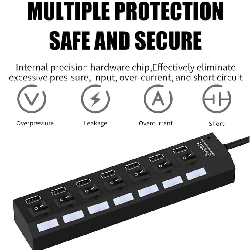 USB Splitter Multi Port USB 2.0 Hub, 7 Port with Independent On/Off Switch and LED Indicators USB A Port Data Hub, Suitable for PC Computer Keyboard Laptop Mobile HDD, Flash Drive Etc view 2