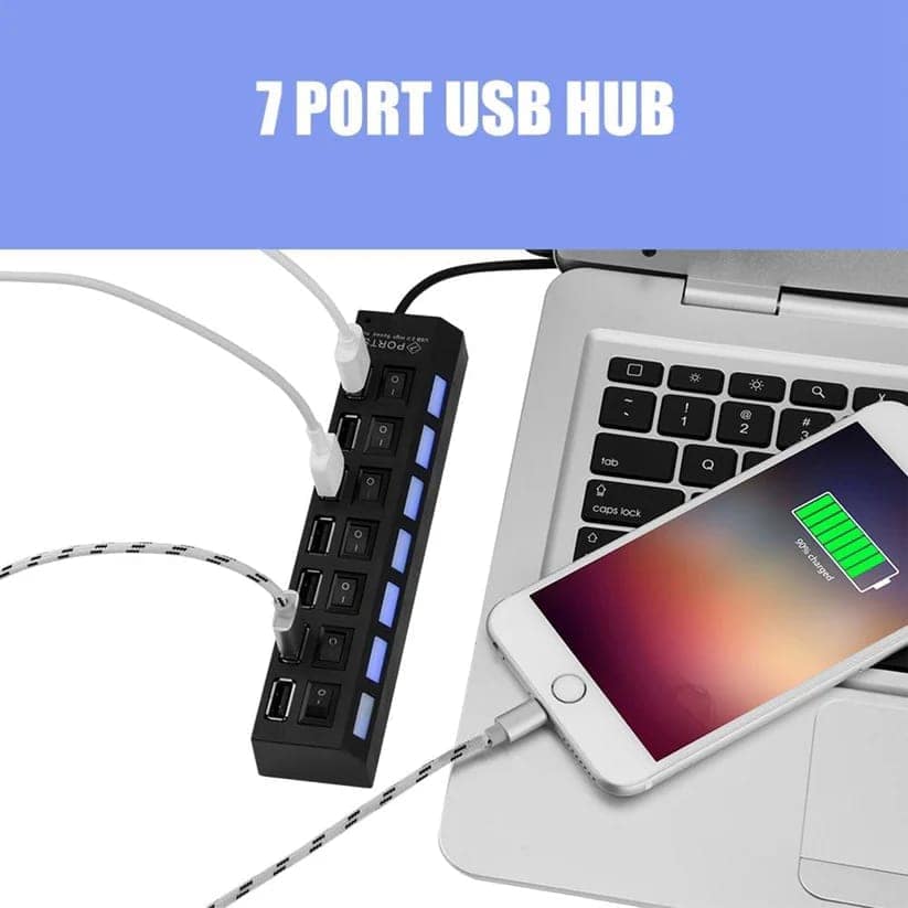 USB Splitter Multi Port USB 2.0 Hub, 7 Port with Independent On/Off Switch and LED Indicators USB A Port Data Hub, Suitable for PC Computer Keyboard Laptop Mobile HDD, Flash Drive Etc view 3