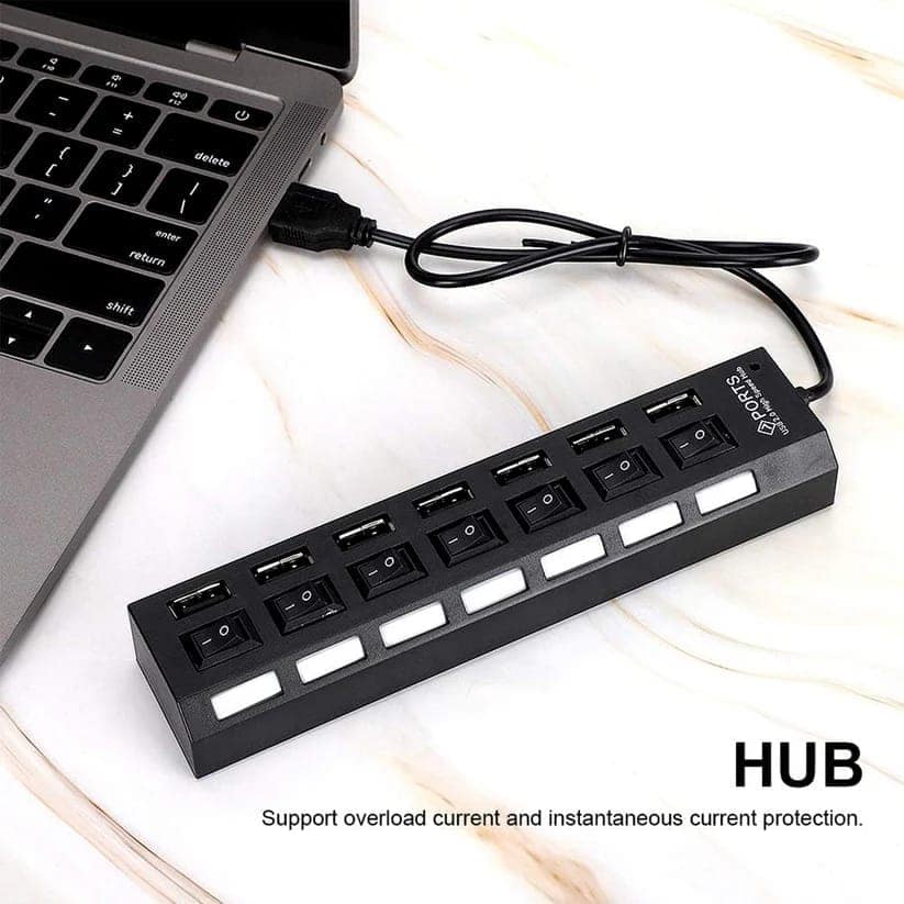 USB Splitter Multi Port USB 2.0 Hub, 7 Port with Independent On/Off Switch and LED Indicators USB A Port Data Hub, Suitable for PC Computer Keyboard Laptop Mobile HDD, Flash Drive Etc view 7