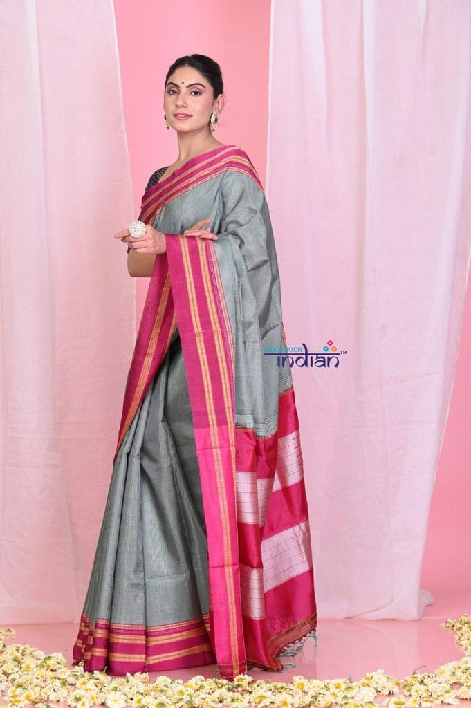 Pehal~ Traditional Handloom Grey Green Microcheck Ilkal Cotton Viscose with Pure Silk Pallu view 2