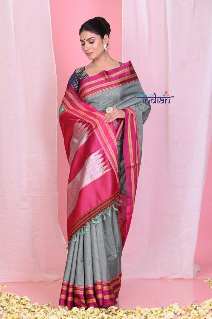 Pehal~ Traditional Handloom Grey Green Microcheck Ilkal Cotton Viscose with Pure Silk Pallu view 3