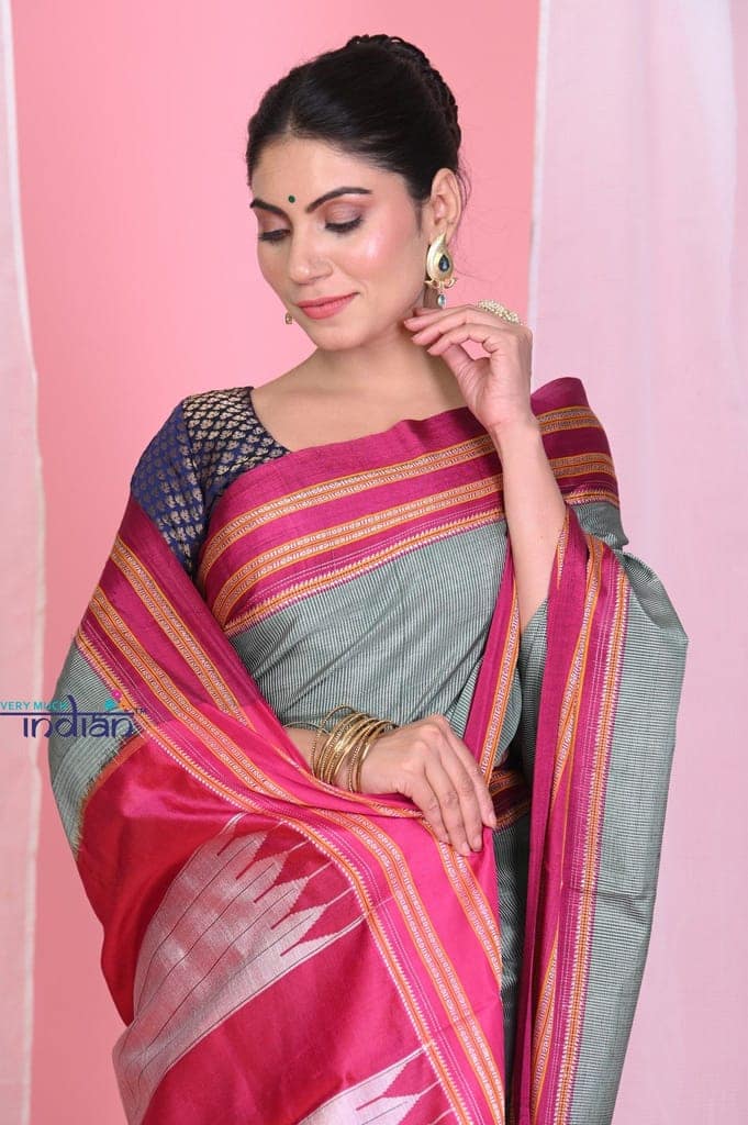 Pehal~ Traditional Handloom Grey Green Microcheck Ilkal Cotton Viscose with Pure Silk Pallu view 5