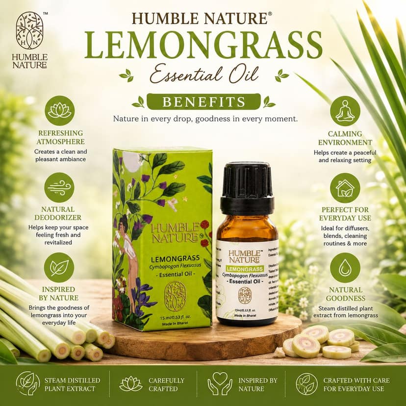 Humble Nature Lemongrass Essential Oil 15 ml | Steam Distilled | GC-MS Tested | Diffuser, Aromatherapy, Massage Blend, Home Fragrance & DIY Use view 3