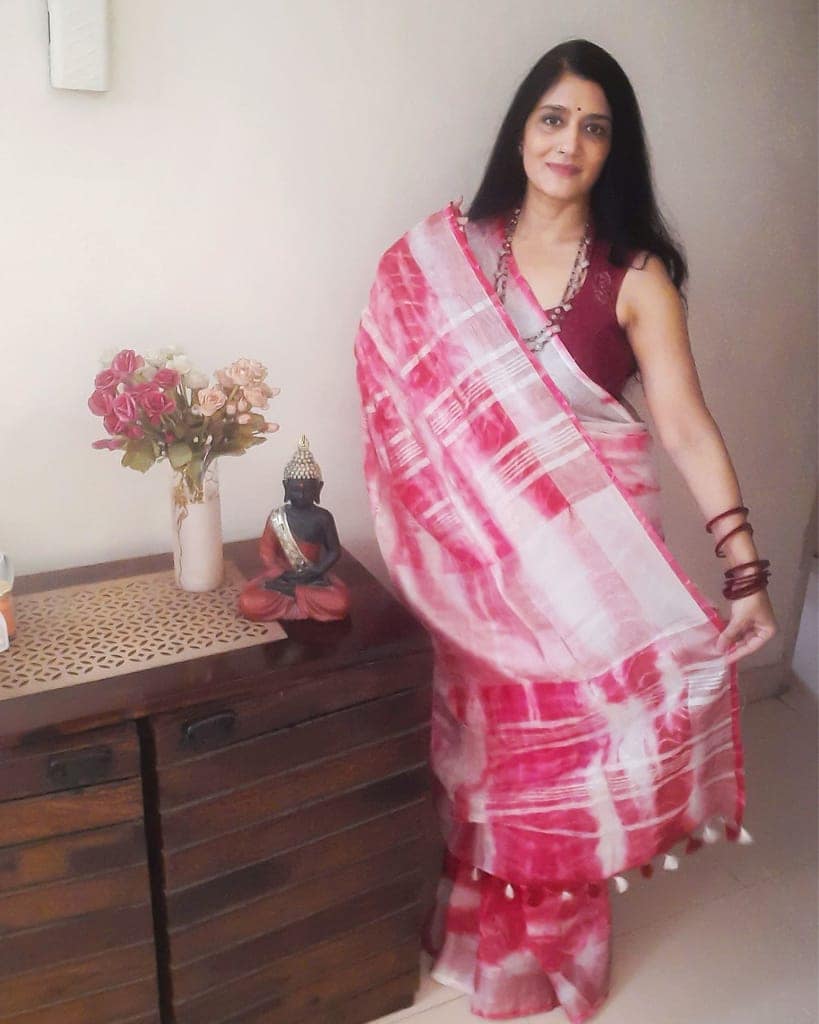 Linen Shibori Pink Hand Dyed Saree with Blouse-4232 view 4