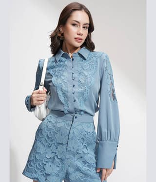 Tokyo Talkies Women Self Design Shirt With Shorts Co-Ord Set ( Blue )