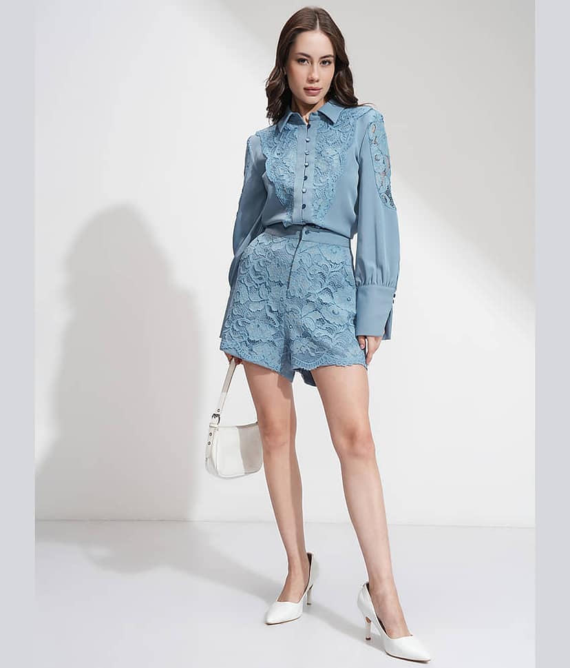 Tokyo Talkies Women Self Design Shirt With Shorts Co-Ord Set ( Blue ) view 2