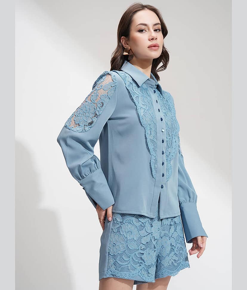 Tokyo Talkies Women Self Design Shirt With Shorts Co-Ord Set ( Blue ) view 6