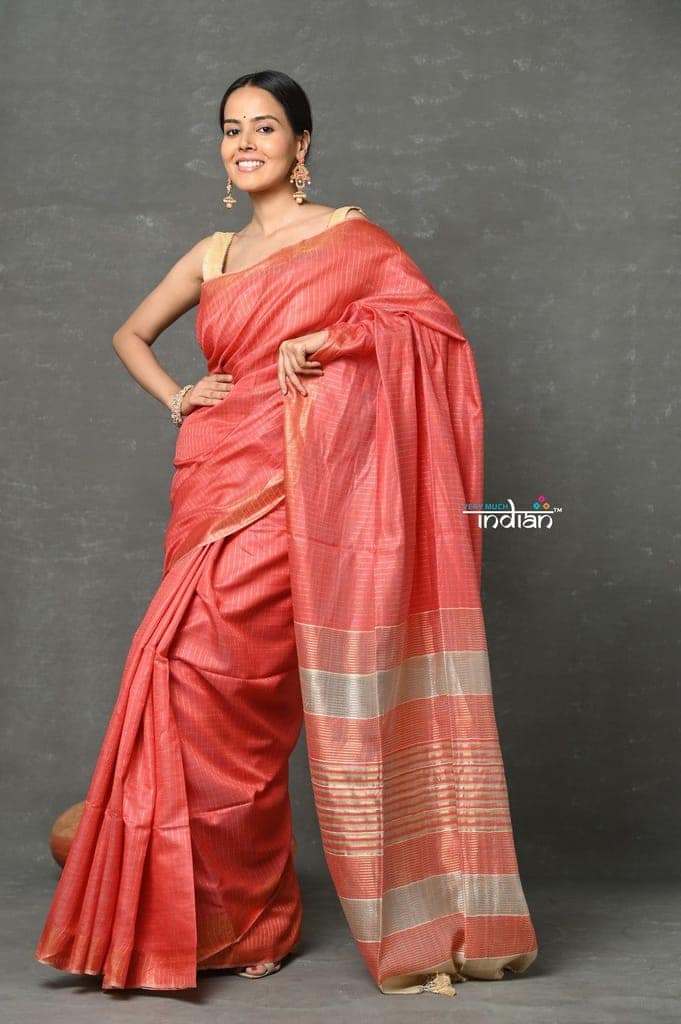 Tyohaar ~ Exclusive! Cotton By Silk Handloom Saree By Khadigram Certified Weavers - Peach
