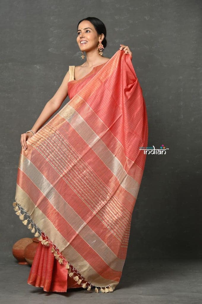 Tyohaar ~ Exclusive! Cotton By Silk Handloom Saree By Khadigram Certified Weavers - Peach view 2