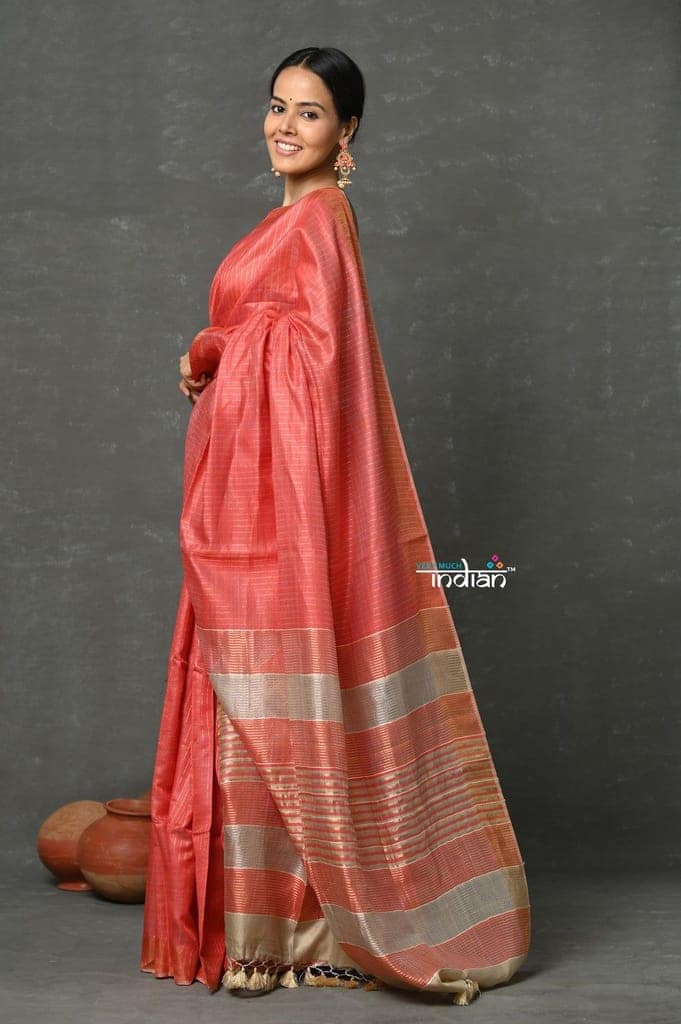 Tyohaar ~ Exclusive! Cotton By Silk Handloom Saree By Khadigram Certified Weavers - Peach view 3