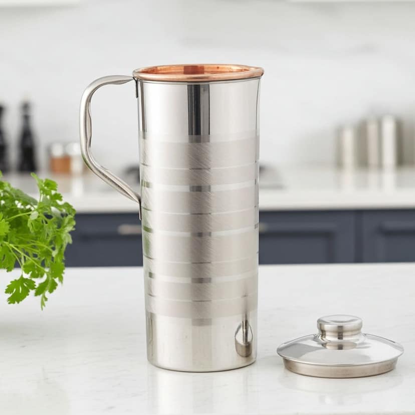 Copper & Steel Water Jug � 900 ml | Compact Dining Table Pitcher, Height : 9.5 Inch (BCMAS102 D)