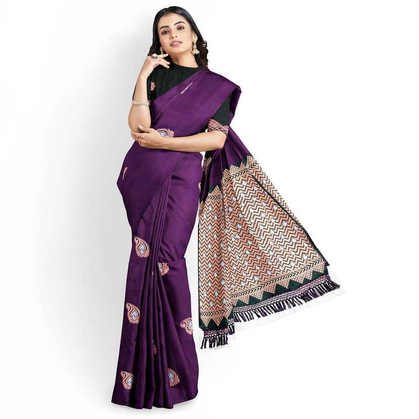 Purple Color Silver & Copper Zari Mango Butta Saree with Contrast Blouse