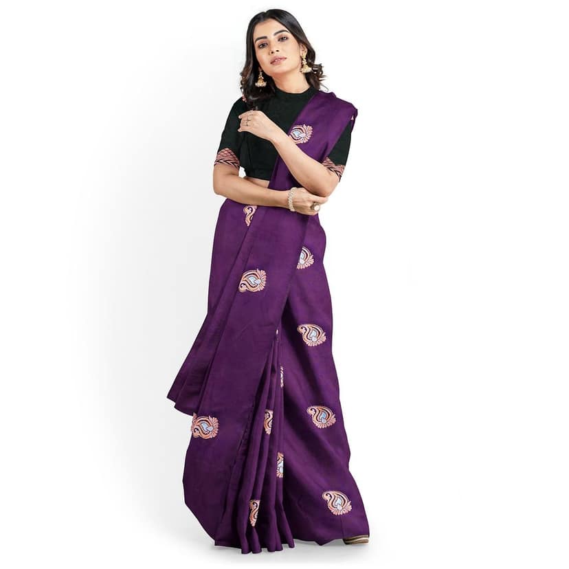 Purple Color Silver & Copper Zari Mango Butta Saree with Contrast Blouse view 2