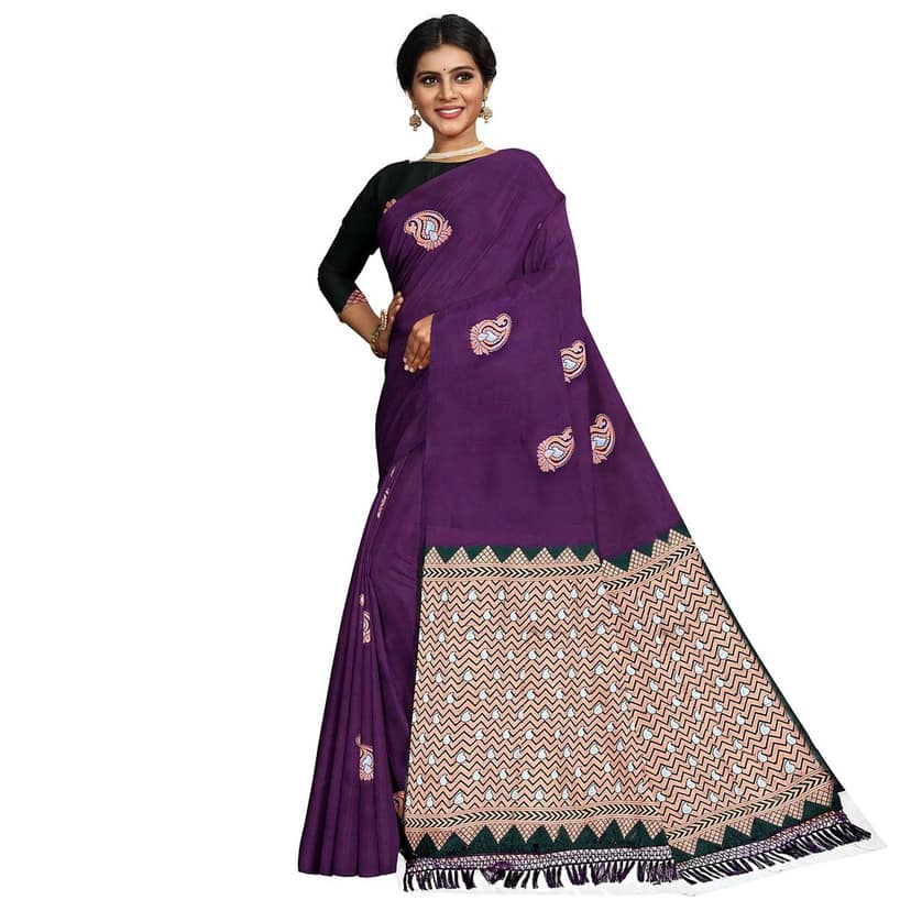 Purple Color Silver & Copper Zari Mango Butta Saree with Contrast Blouse view 3