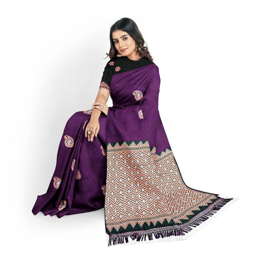 Purple Color Silver & Copper Zari Mango Butta Saree with Contrast Blouse view 4