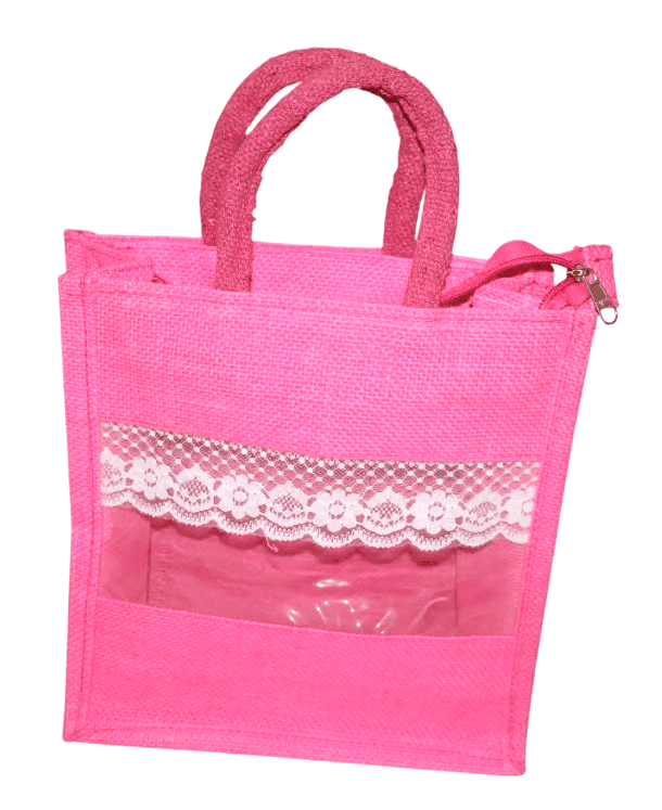 Pink Jute Handbag with Lace Trim - Stylish & Eco-Friendly Tote