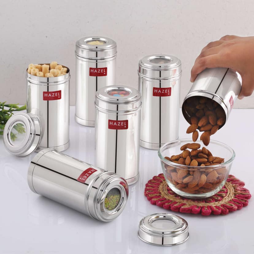 HAZEL Stainless Steel Kitchen Containers 500ml Set of 6 with Transparent See-Through Lids , Airtight Spice & Storage Jars for Kitchen