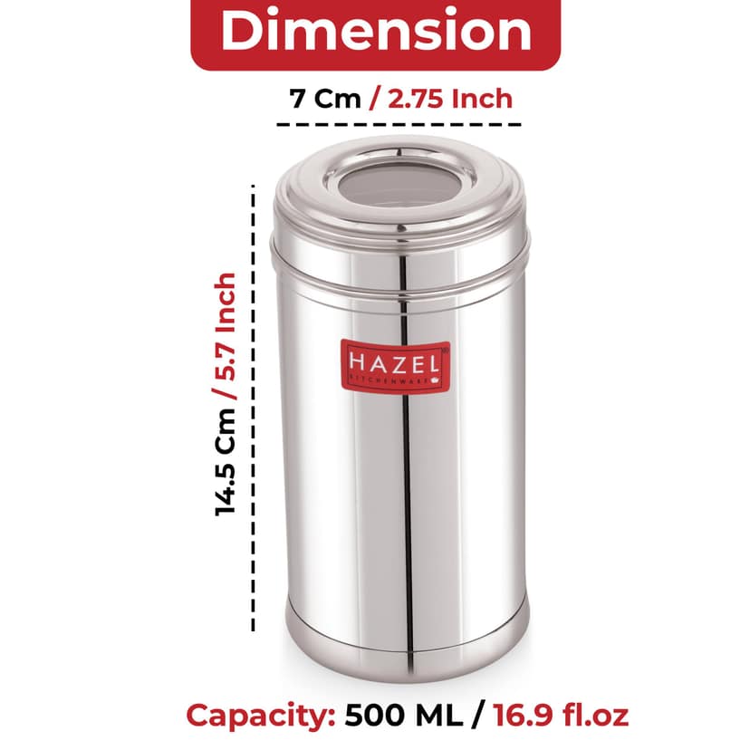 HAZEL Stainless Steel Kitchen Containers 500ml Set of 6 with Transparent See-Through Lids , Airtight Spice & Storage Jars for Kitchen view 3