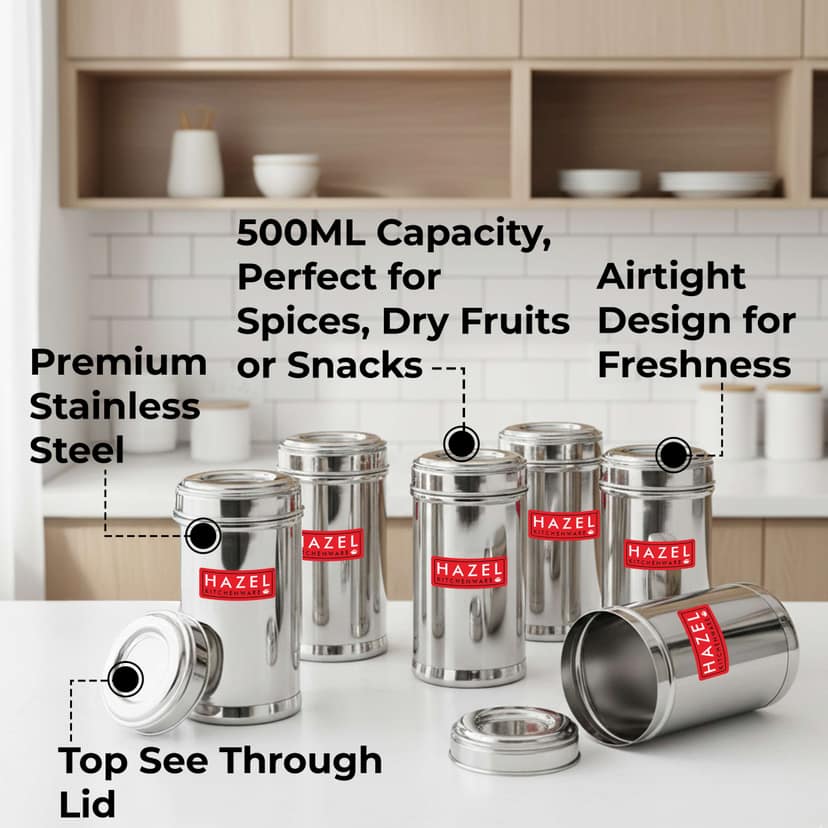 HAZEL Stainless Steel Kitchen Containers 500ml Set of 6 with Transparent See-Through Lids , Airtight Spice & Storage Jars for Kitchen view 4