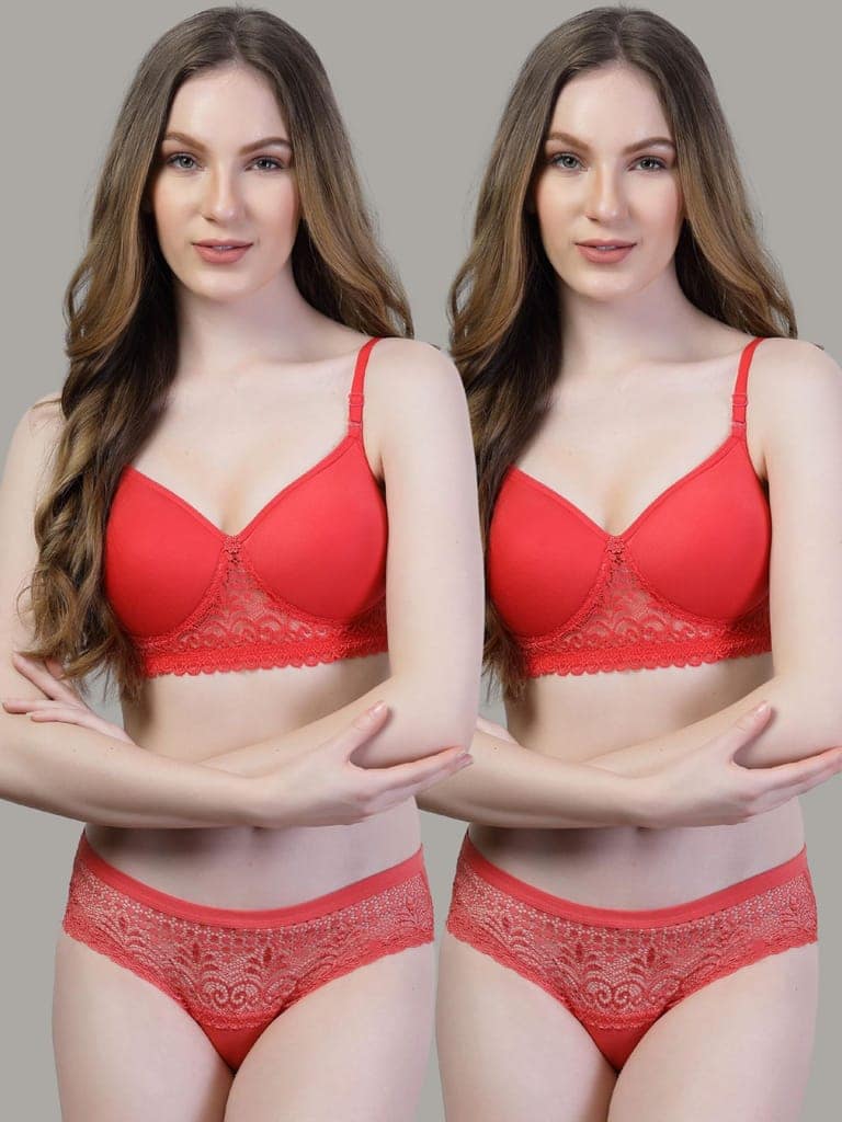 Pack of 2 Cotton Lace Bra Panty Set | Women�s Padded Lingerie Innerwear view 4