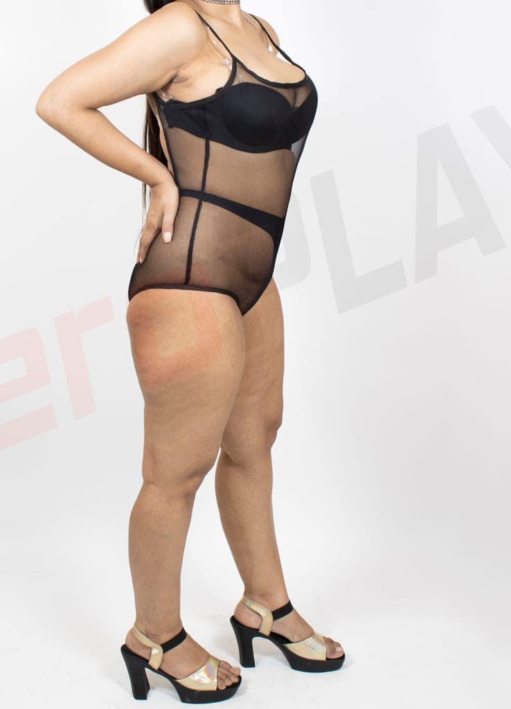 Black Tempting and Alluring Bare Back Transparent See Through Broad Neck Beach, Swim Wear Bodysuit view 2