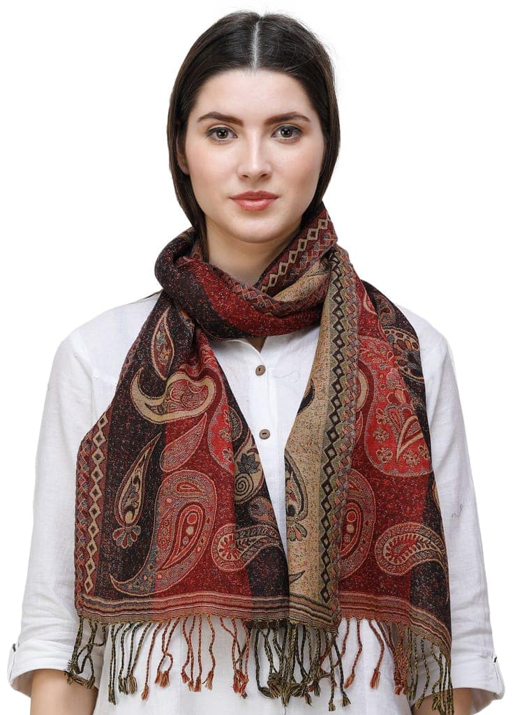 Garnet Reversible Jamawar Scarf from Amritsar with Woven Paisleys view 2