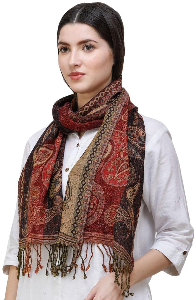 Garnet Reversible Jamawar Scarf from Amritsar with Woven Paisleys view 3