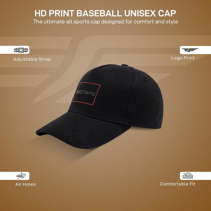 Red Tape Cotton Blend Hd Print Baseball Cap For Men | Adjustable Strap | Sports Cap Black view 3
