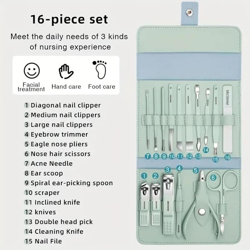 16 In 1 Manicure & Pedicure Kit With Nail Cutter, Ear Pick, Scissors, Tweezers Knife, Eyebrow Utility Tools With Leather Travel Case, Foot & Hand Care Grooming Kit For Women & Men view 3
