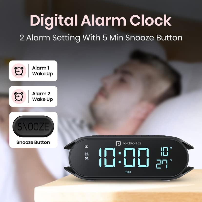 Portronics VoltClock Digital Alarm Clock with Wireless Charging - Black view 2