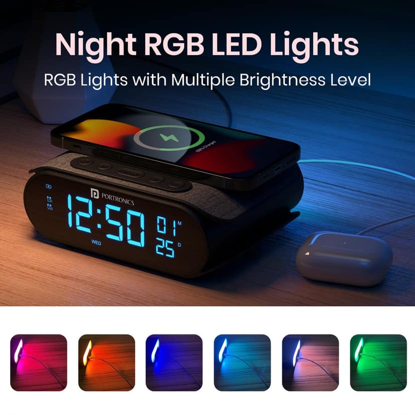 Portronics VoltClock Digital Alarm Clock with Wireless Charging - Black view 3