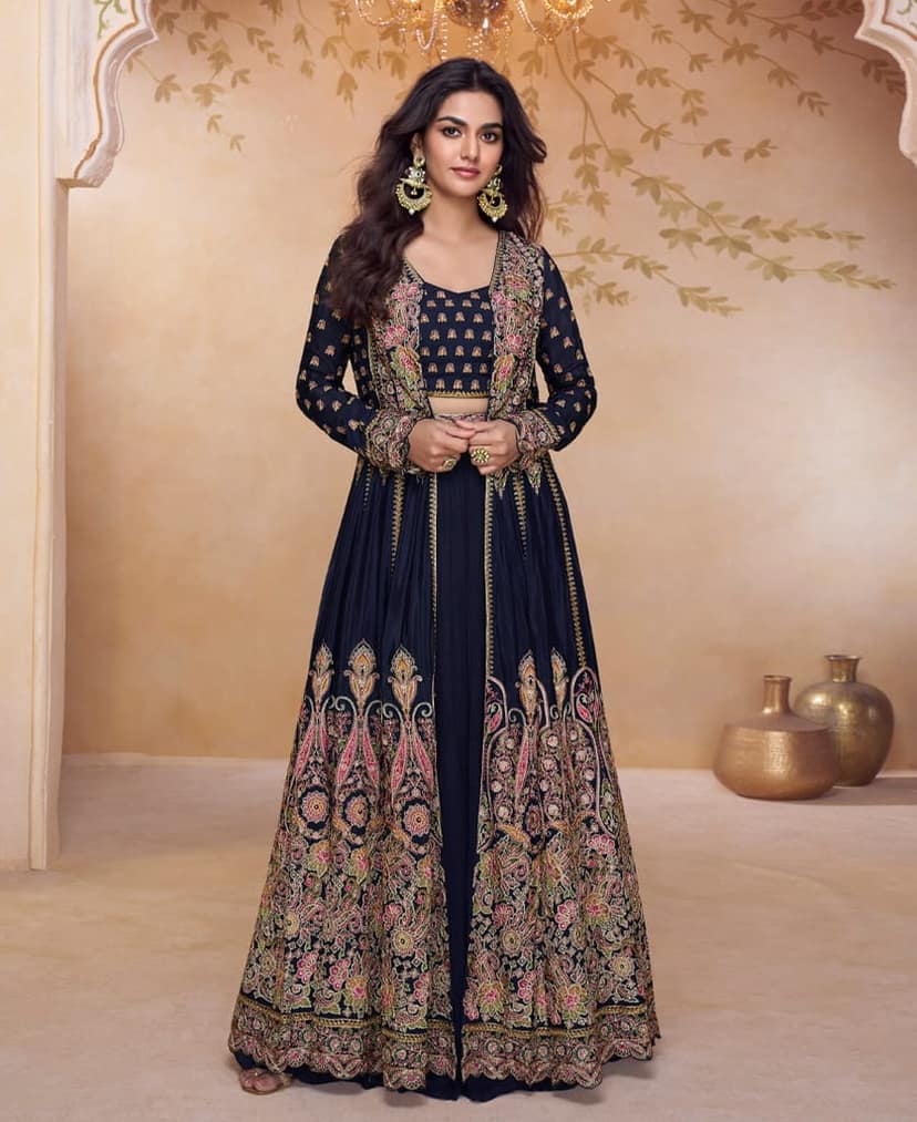 New Wedding Wear 3-Piece Anarkali Set for Women (Navy Blue)