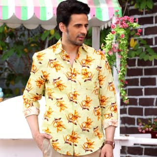 Aztec Lily Cream Print Casual Pure Linen Full Shirt (Size - S) by BLUE EAGLE