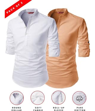 Yugnik Lime Green Cotton Men's Shirt Style Kurta ( Pack of 2 )