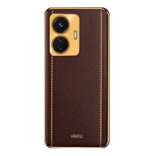 Vaku Back Cover Case for Vivo T1 Luxemberg Leather Stitched Gold Electroplated Soft TPU Cover| Shockproof Protective Case - Brown
