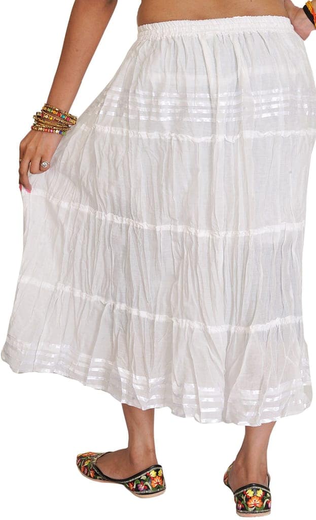 Egret-White Plain Elastic-Waist Midi Skirt with Lace view 2