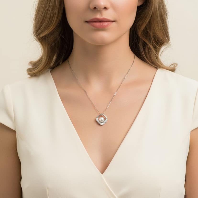925 Sterling Silver Pearl Pendant Necklace for Women | Cubic Zirconia Studded Elegant Chain | Minimalist Jewelry I Weight - 9 g view 3