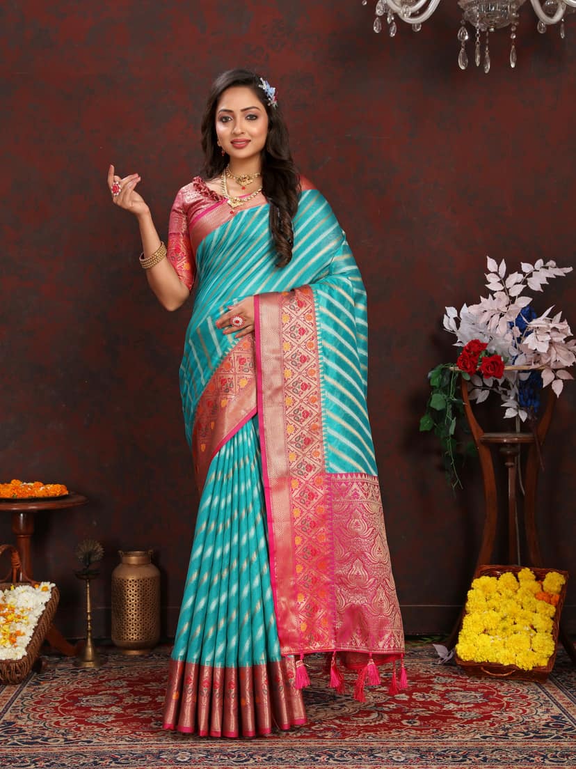 Soft organza silk saree with Meenakari weawing ...