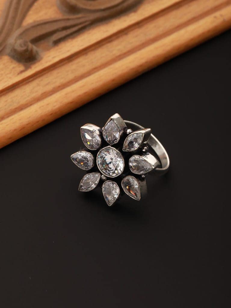 Silver Oxidised White Stones Studded Adjustable Finger Ring view 2