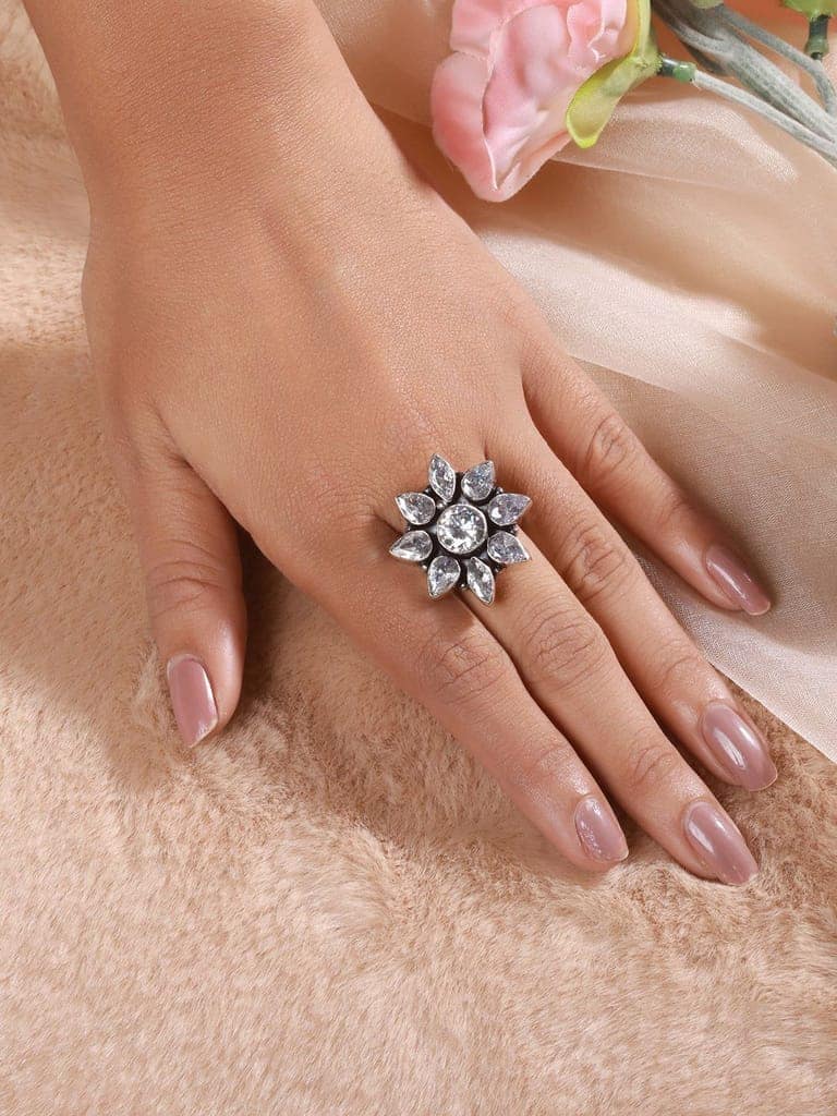 Silver Oxidised White Stones Studded Adjustable Finger Ring view 4
