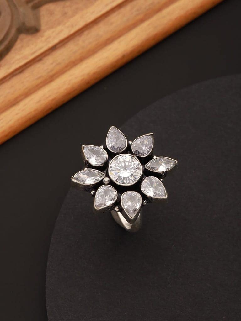 Silver Oxidised White Stones Studded Adjustable Finger Ring view 5