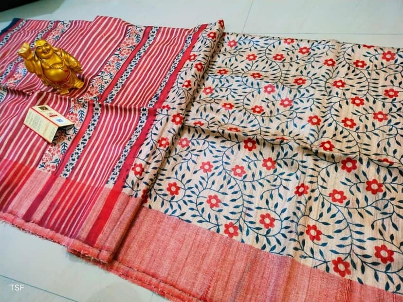 Silkmark Certified Tussar Silk Handloom Handblock Printed Red Saree with Blouse-5025