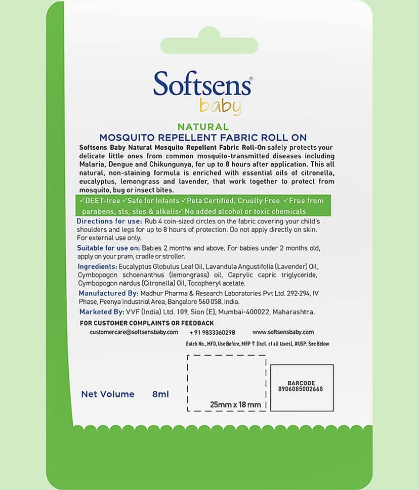 Softsens baby Natural Mosquito Repellent Fabric Roll-On - 8ml - Pack of 3 view 2