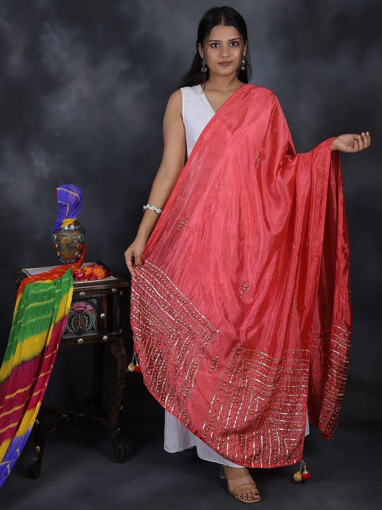 Paradise-Pink Silk Dupatta From Amritsar with Gota Patti, Floral Beads and Velvet Tassels on Edges